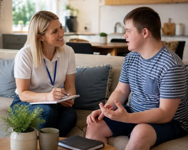 A participant working towards personal goals with a support worker
