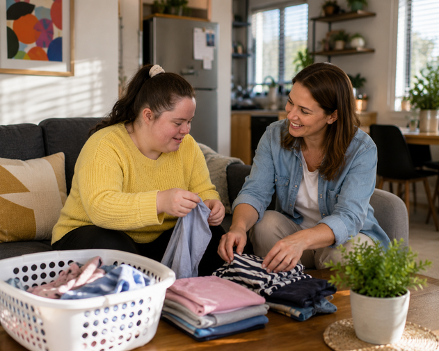 A participant completing everyday household routines with support