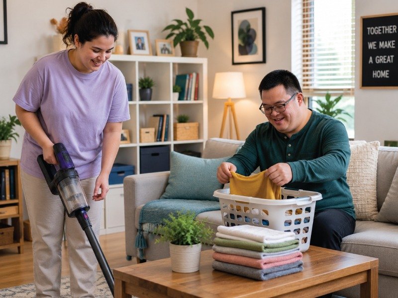 A participant completing everyday household routines with support